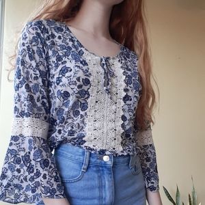 Flowy Floral Blouse Shirt with Bell Sleeves
